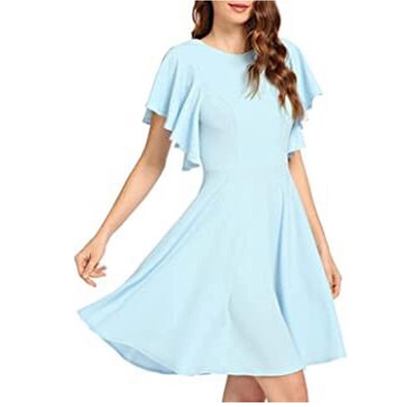 Flutter Sleeve Swing A Line Dress Baby Blue Pleats Size Small NWT - Picture 2 of 8